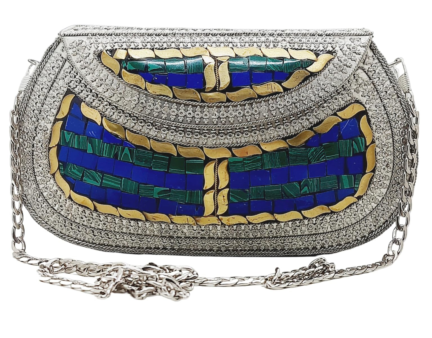 Trend Overseas Handmade Antique Stone Bag Ethnic Clutch - Metal Bag Perfect for Parties, Fits All Cellphone Models