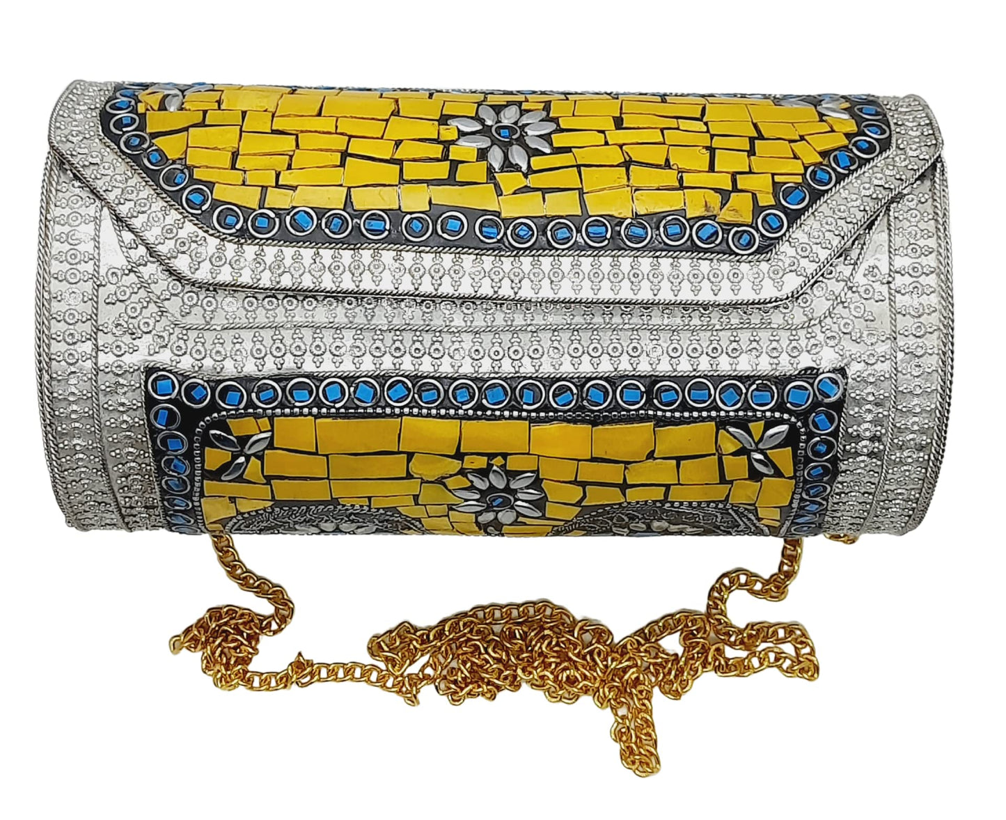 Trend Overseas Eye Catching Handmade Cylinder Round Ethnic Stone Metal bag Antique Bridal clutch