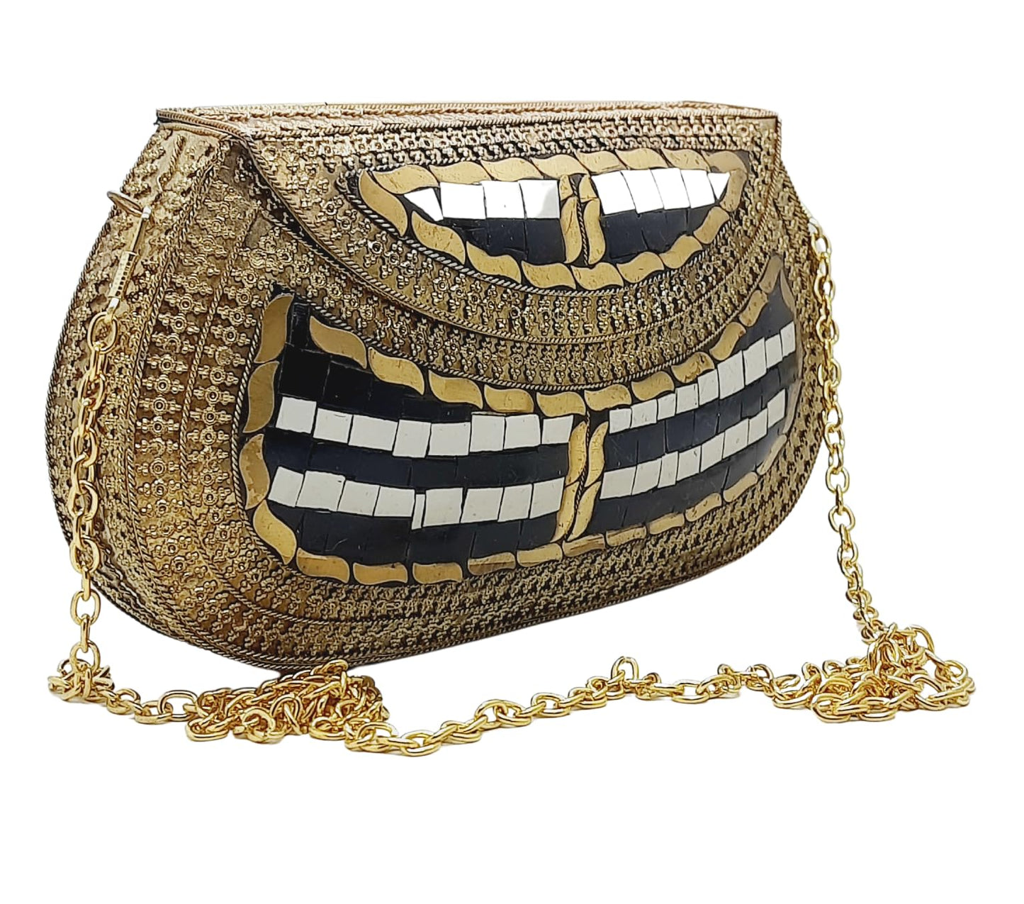Trend Overseas Handmade Antique Stone Bag Ethnic Clutch - Metal Bag Perfect for Parties, Fits All Cellphone Models