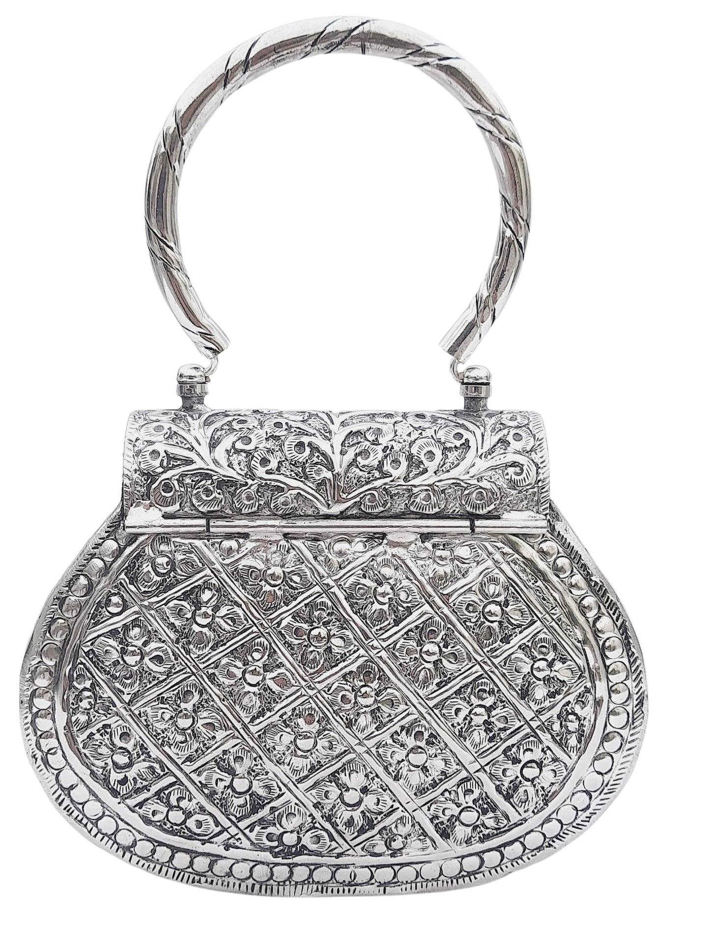 Trend Overseas Ethnic Women Silver Brass Metal Bridal bag Handle Clutch Sling Bag