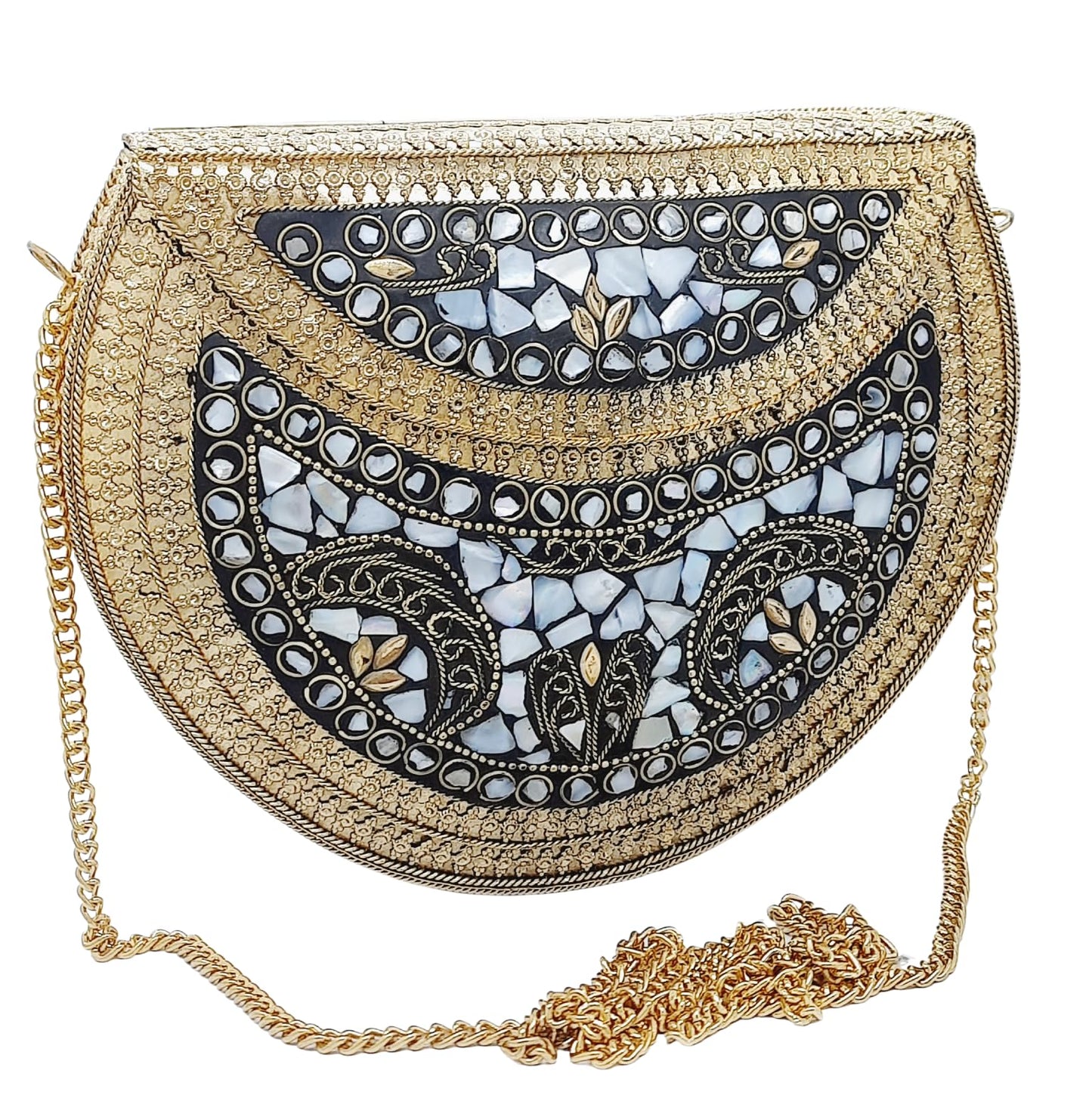 Trend Overseas Golden shell nacre stone bag ethnic clutch indian antique purse mosaic bag metal bag