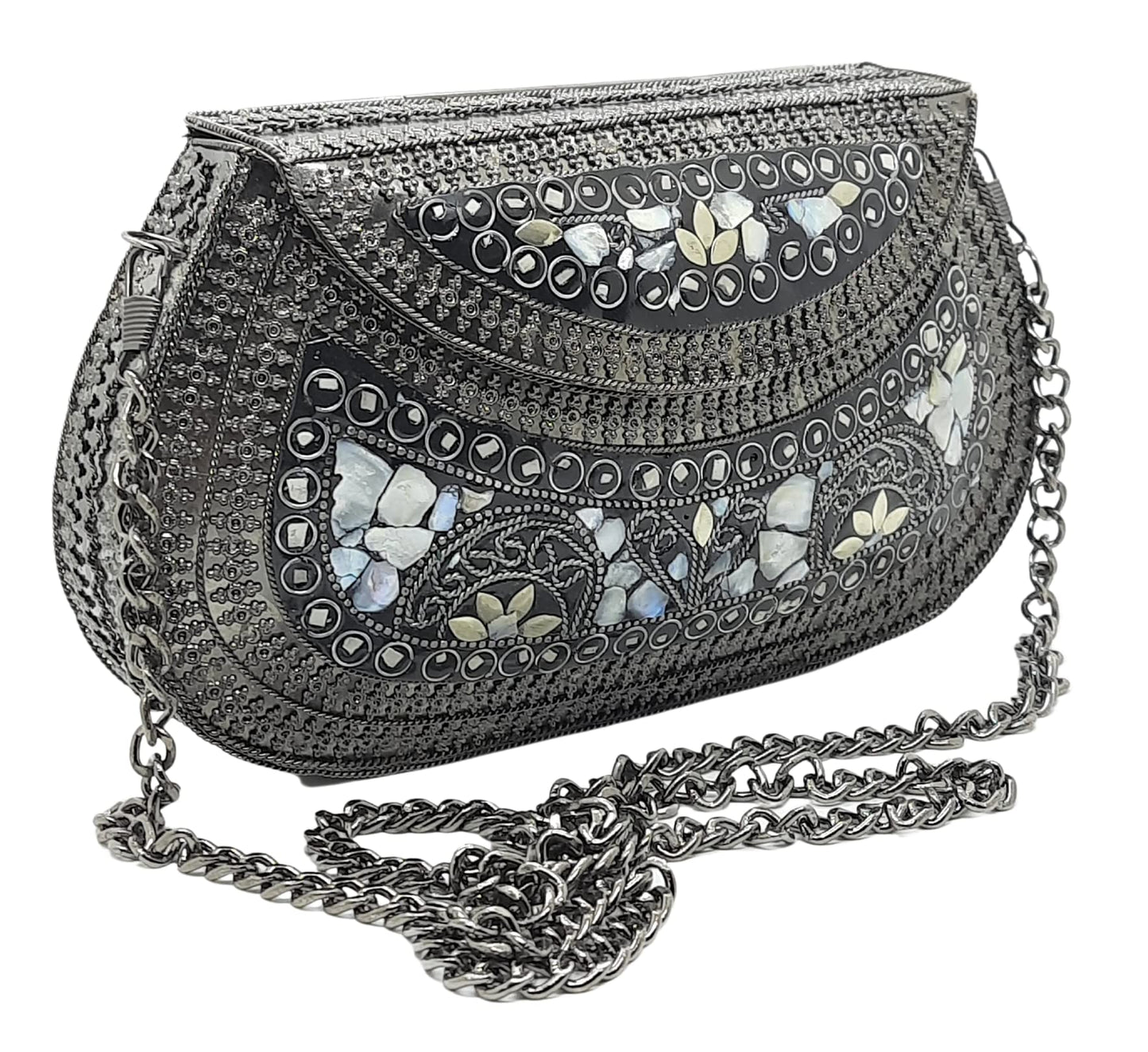 Trend Overseas Handmade Antique Stone Bag Ethnic Clutch - Metal Bag Perfect for Parties, Fits All Cellphone Models