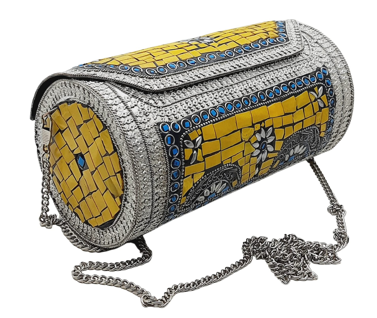 Trend Overseas Eye Catching Handmade Cylinder Round Ethnic Stone Metal bag Antique Bridal clutch