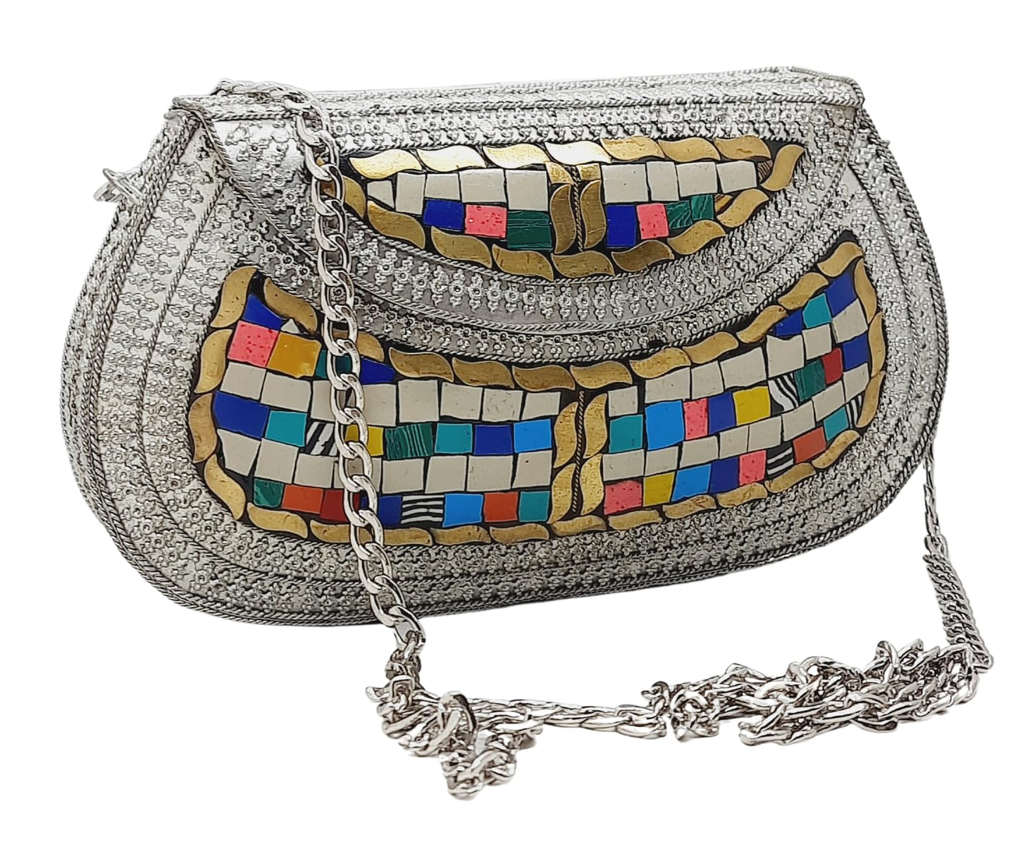 Trend Overseas Handmade Antique Stone Bag Ethnic Clutch - Metal Bag Perfect for Parties, Fits All Cellphone Models