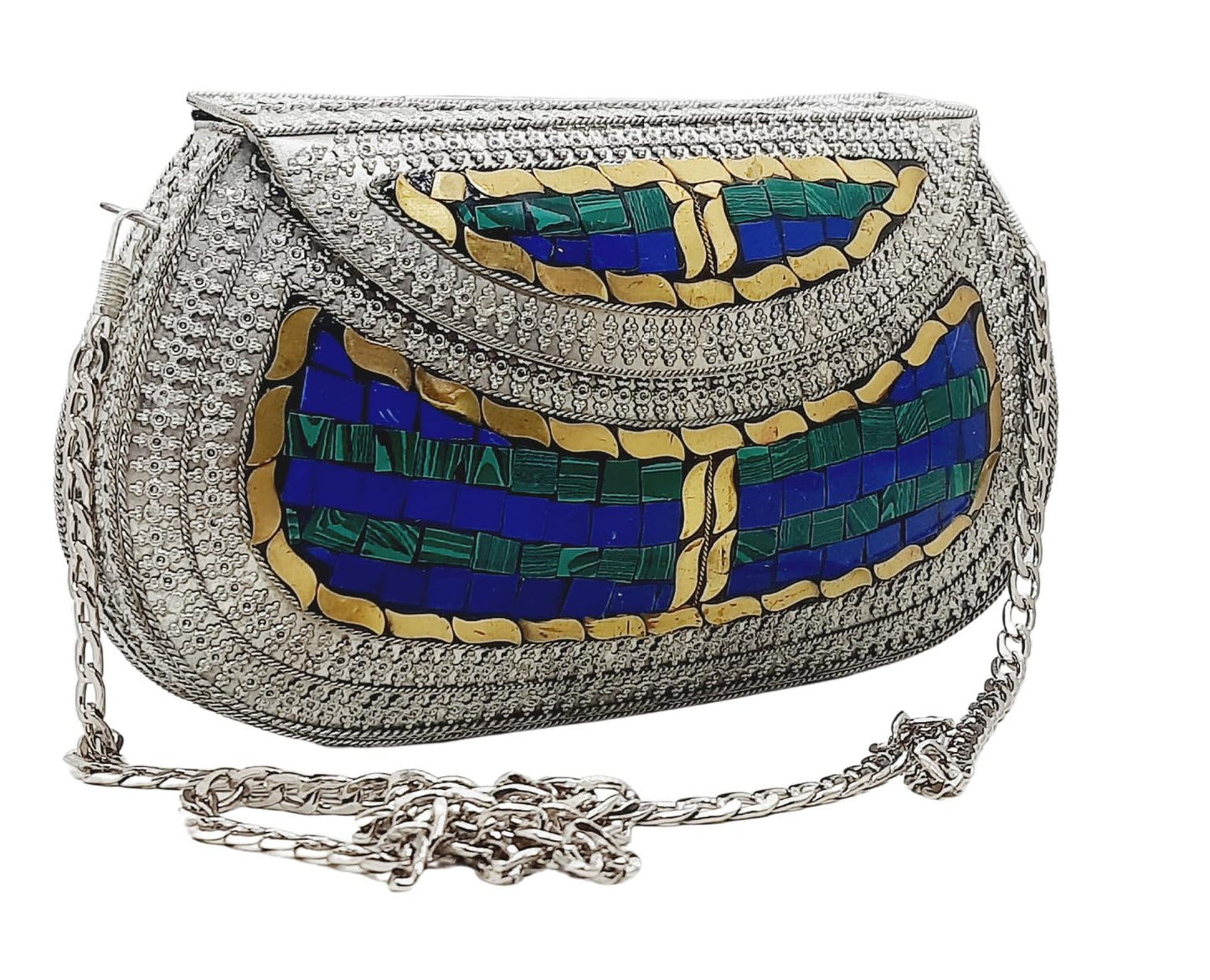 Trend Overseas Handmade Antique Stone Bag Ethnic Clutch - Metal Bag Perfect for Parties, Fits All Cellphone Models