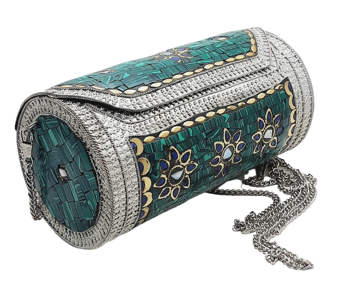 Trend Overseas Eye Catching Handmade Cylinder Round Ethnic Stone Metal bag Antique Bridal clutch