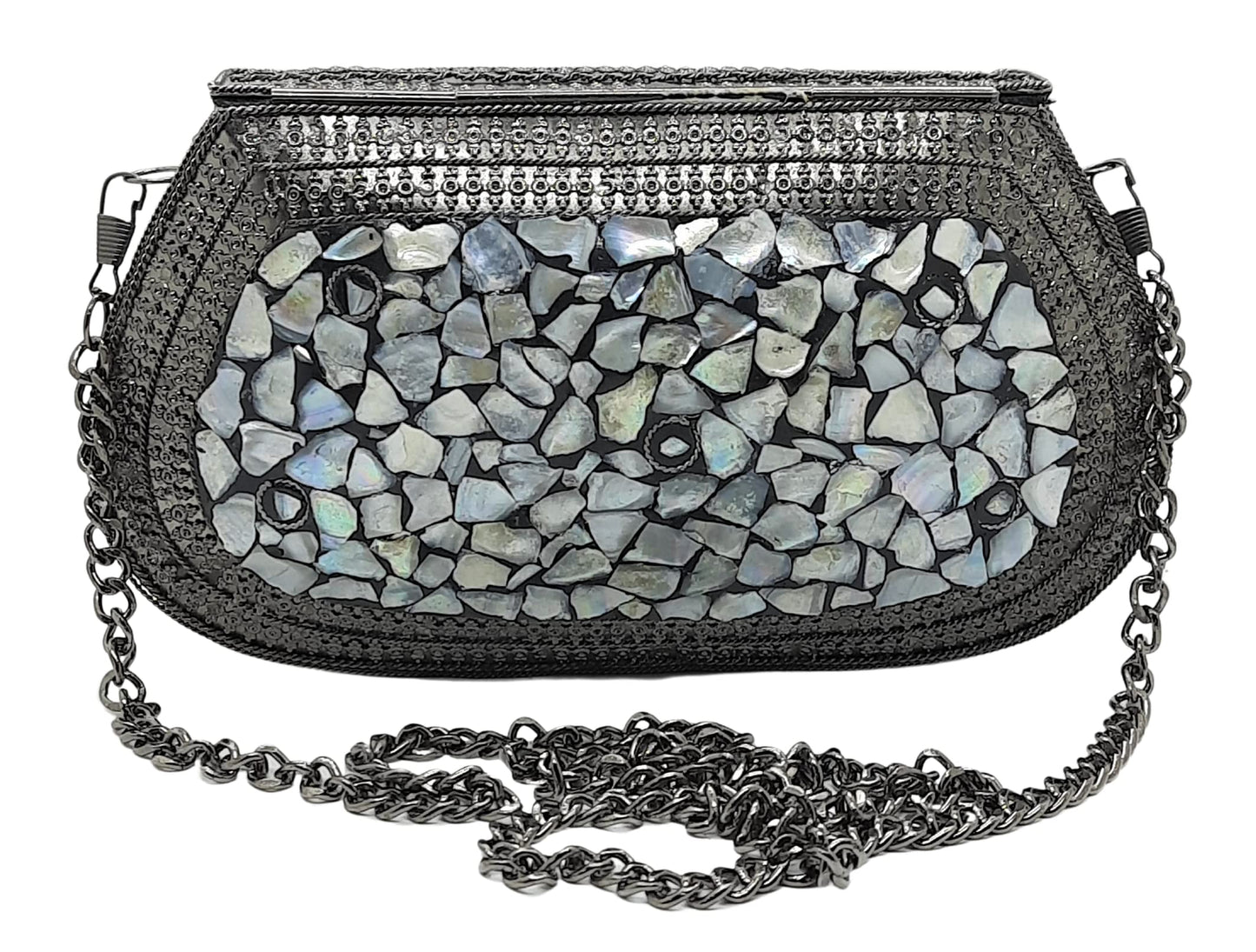 Trend Overseas Handmade Antique Stone Bag Ethnic Clutch - Metal Bag Perfect for Parties, Fits All Cellphone Models