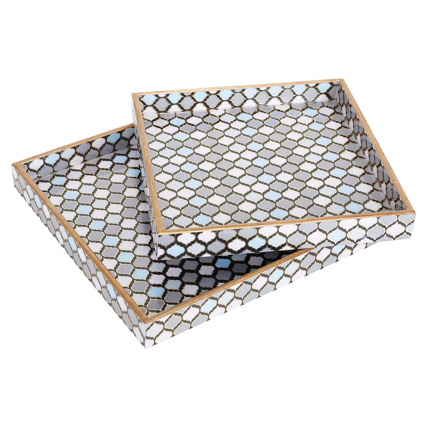 Trend Overseas Designer MDF Wooden Serving Trays Set - Special Enamel Coating, 3D Gold Foil Work, Perfect Size