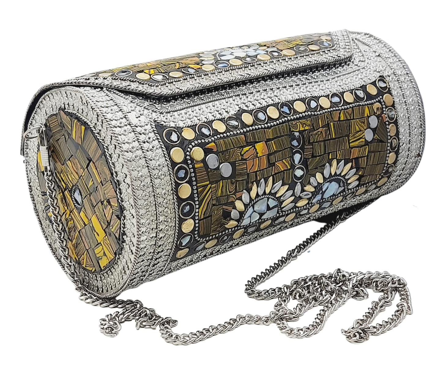 Trend Overseas Eye Catching Handmade Cylinder Round Ethnic Stone Metal bag Antique Bridal clutch