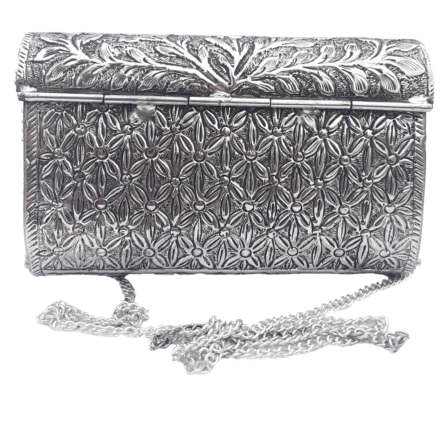 Trend Overseas Ethnic Women Silver Brass Metal Bridal bag Handle Clutch Sling Bag