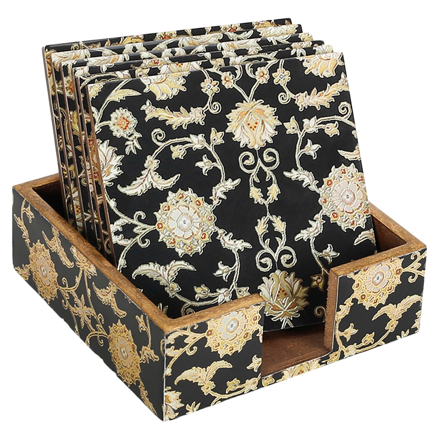 Trend Overseas Drink Coaster Set of 6 - Printed MDF Coasters for Table with Special Enamel Coating and 3D Gold Foil Work for Home and Dining Room Décor