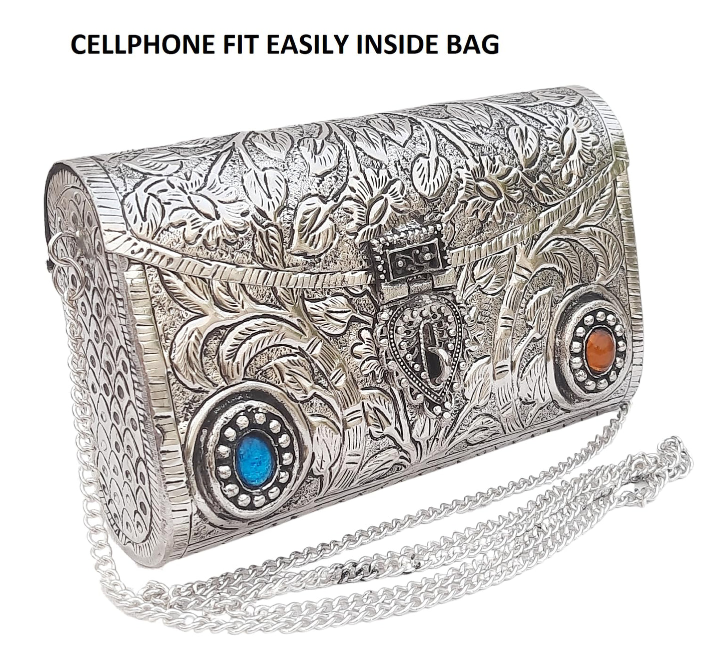 Trend Overseas Ethnic Women Silver Brass Metal Bridal bag Handle Clutch Sling Bag