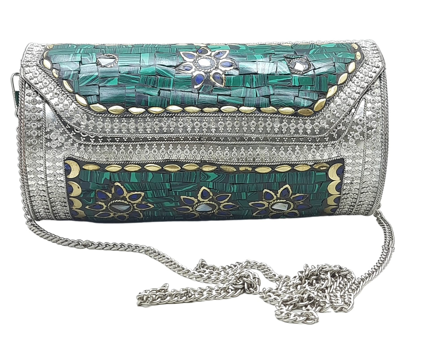 Trend Overseas Eye Catching Handmade Cylinder Round Ethnic Stone Metal bag Antique Bridal clutch