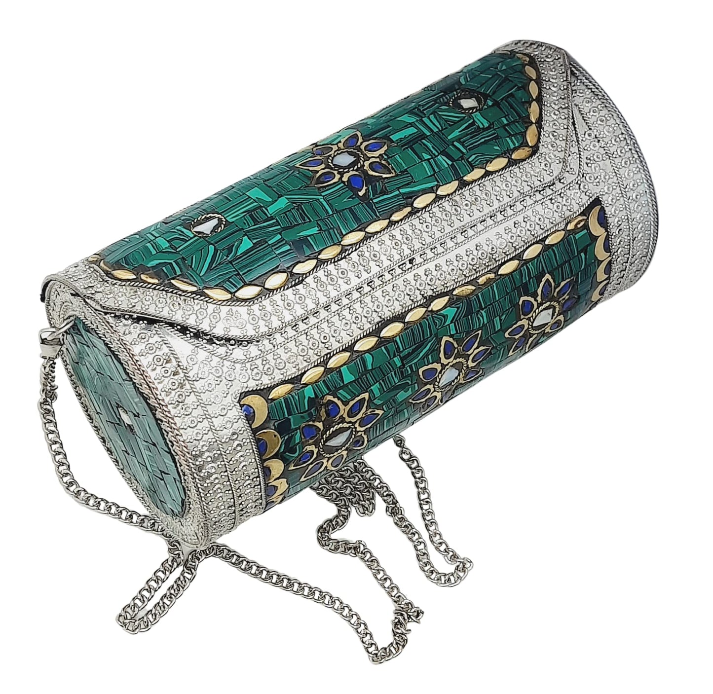 Trend Overseas Eye Catching Handmade Cylinder Round Ethnic Stone Metal bag Antique Bridal clutch