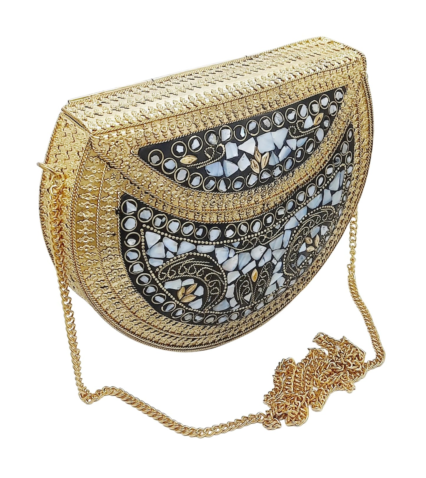 Trend Overseas Golden shell nacre stone bag ethnic clutch indian antique purse mosaic bag metal bag