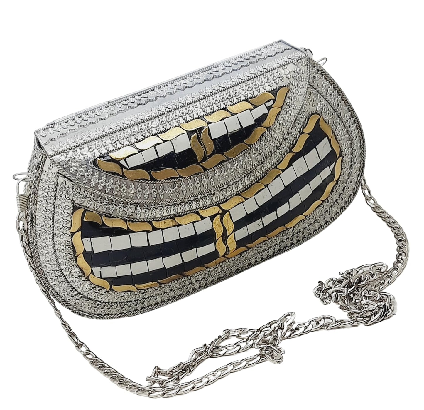 Trend Overseas Handmade Antique Stone Bag Ethnic Clutch - Metal Bag Perfect for Parties, Fits All Cellphone Models
