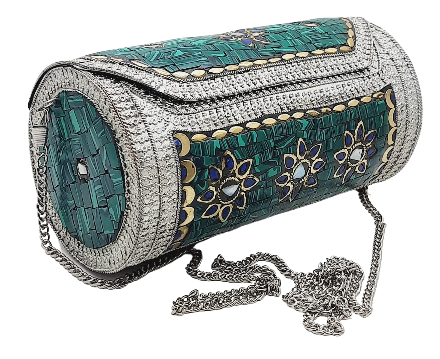 Trend Overseas Eye Catching Handmade Cylinder Round Ethnic Stone Metal bag Antique Bridal clutch