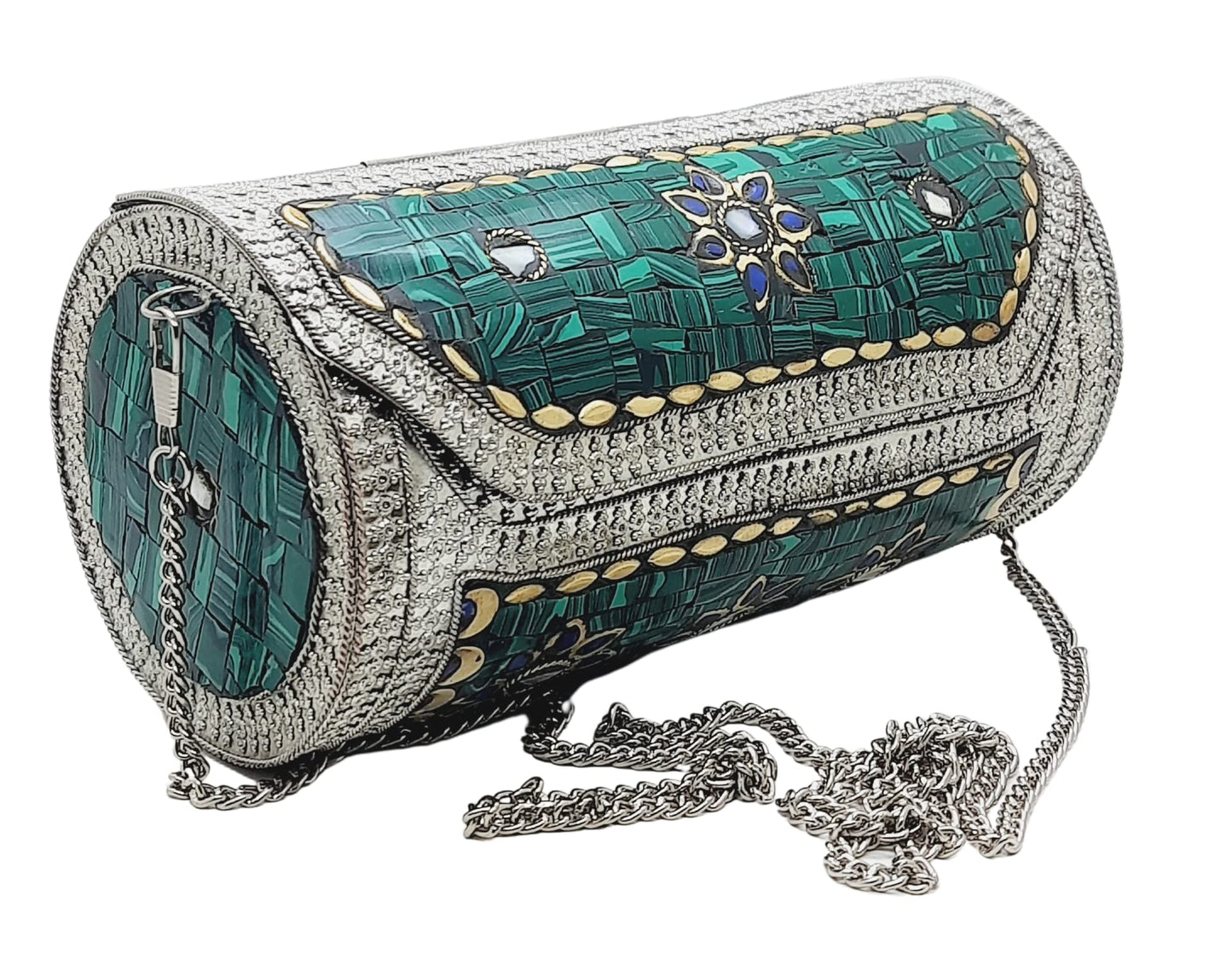 Trend Overseas Eye Catching Handmade Cylinder Round Ethnic Stone Metal bag Antique Bridal clutch