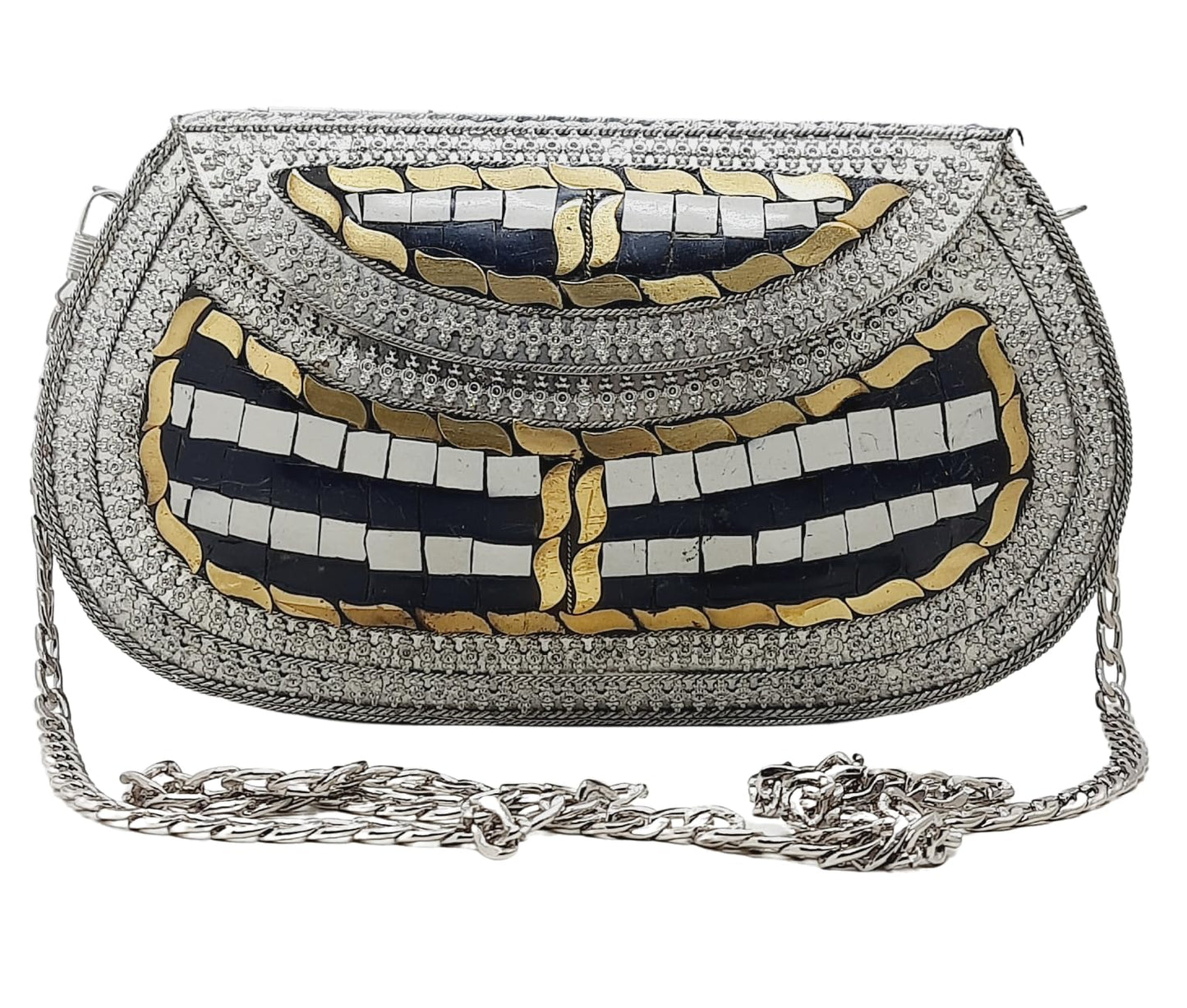 Trend Overseas Handmade Antique Stone Bag Ethnic Clutch - Metal Bag Perfect for Parties, Fits All Cellphone Models