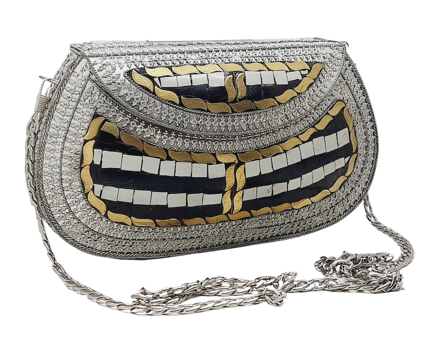 Trend Overseas Handmade Antique Stone Bag Ethnic Clutch - Metal Bag Perfect for Parties, Fits All Cellphone Models