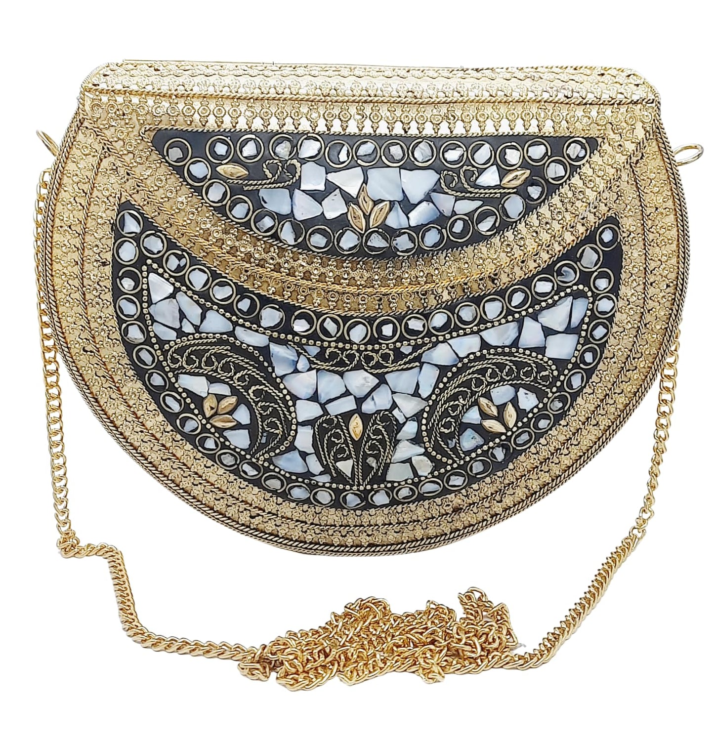Trend Overseas Golden shell nacre stone bag ethnic clutch indian antique purse mosaic bag metal bag