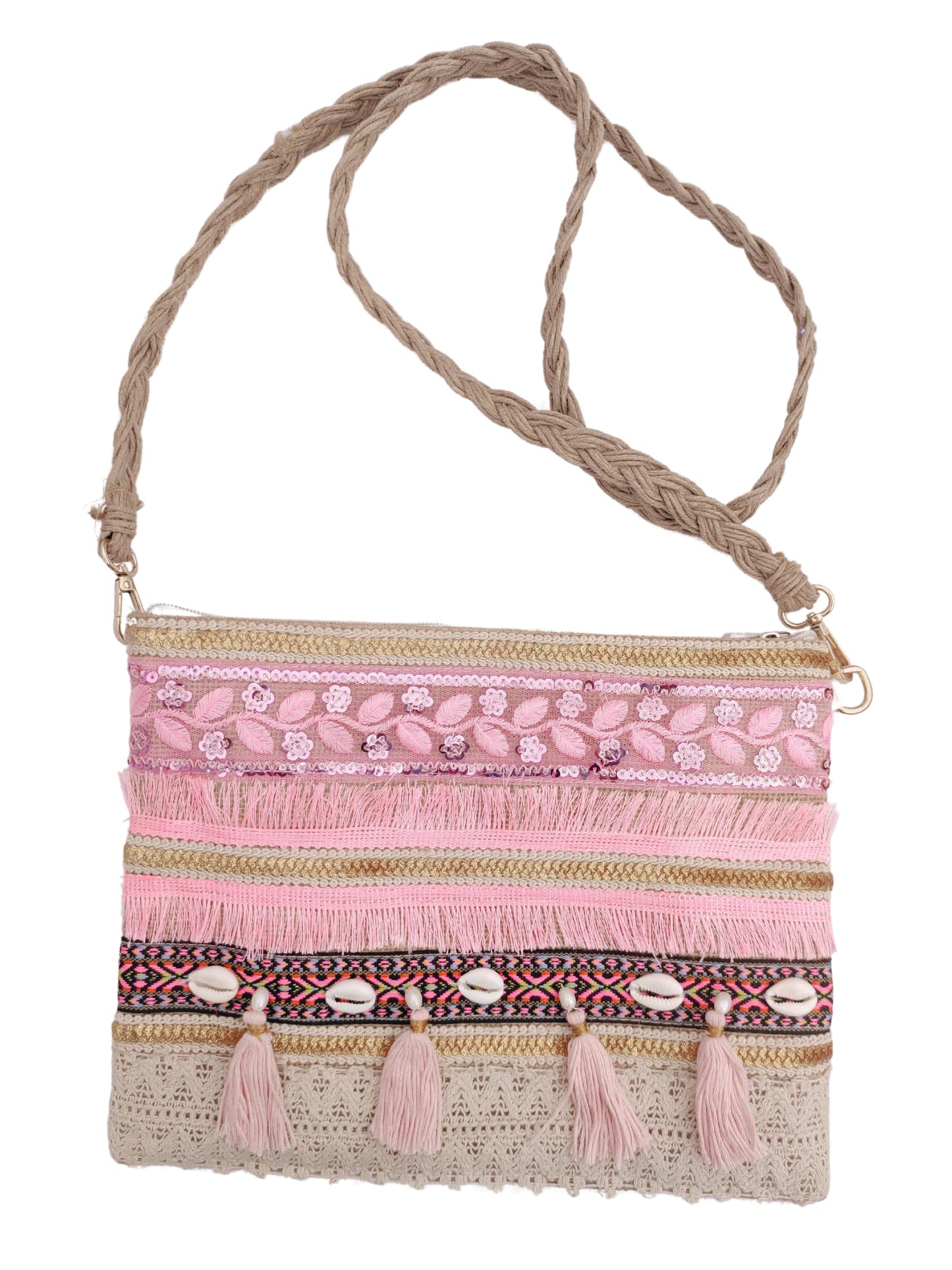 Trend Overseas Multicolor Jute Embroidery pom pom Bridal Bag cross body party sling bag