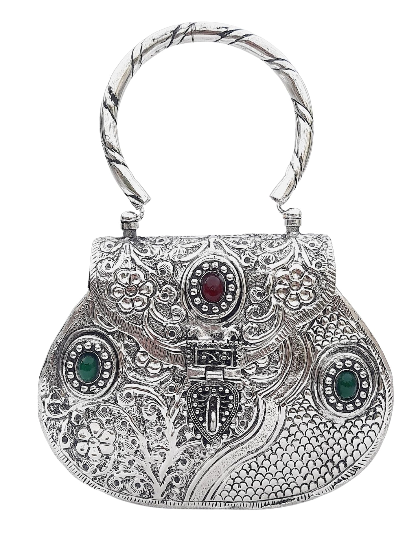 Trend Overseas Ethnic Women Silver Brass Metal Bridal bag Handle Clutch Sling Bag