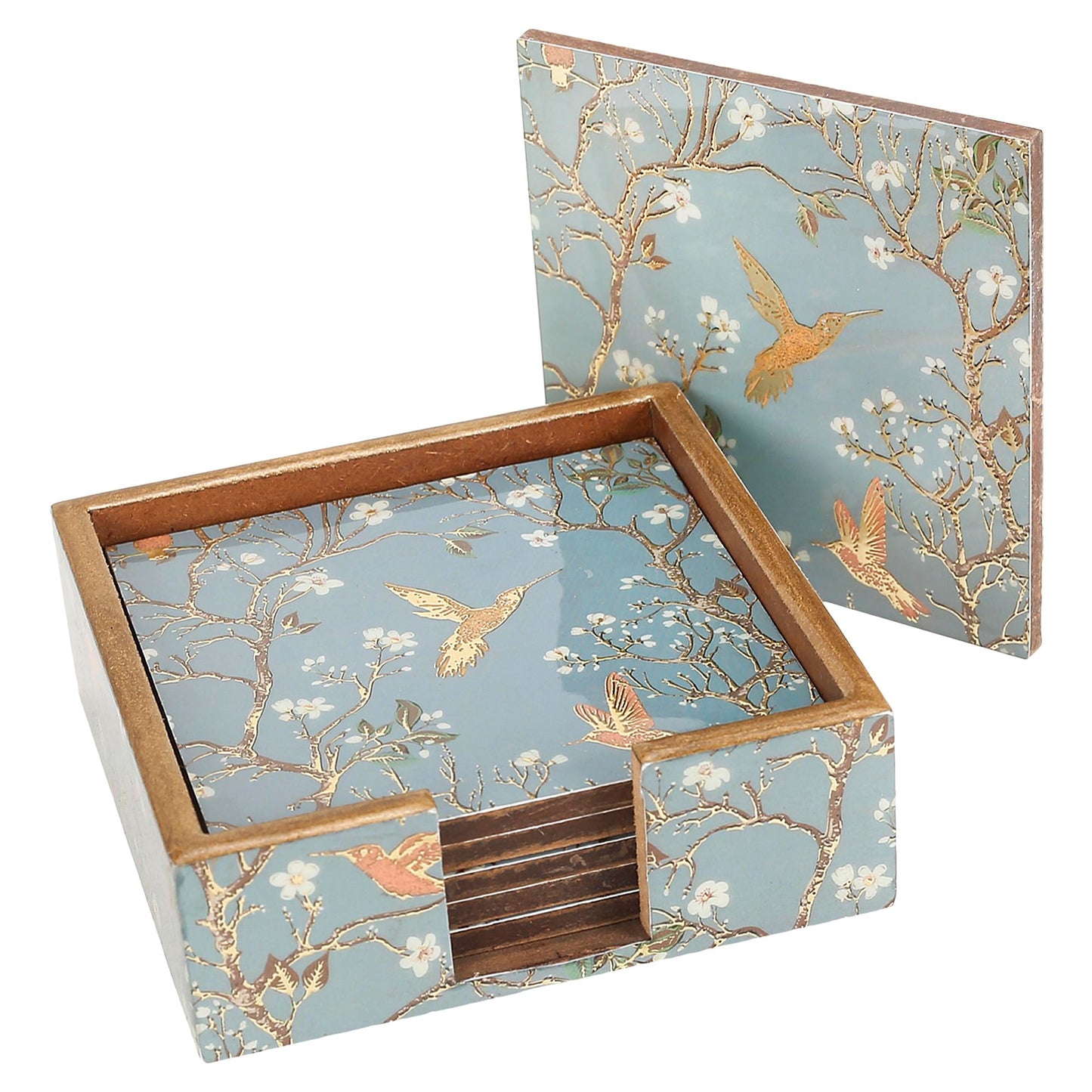 Trend Overseas Drink Coaster Set of 6 - Printed MDF Coasters for Table with Special Enamel Coating and 3D Gold Foil Work for Home and Dining Room Décor