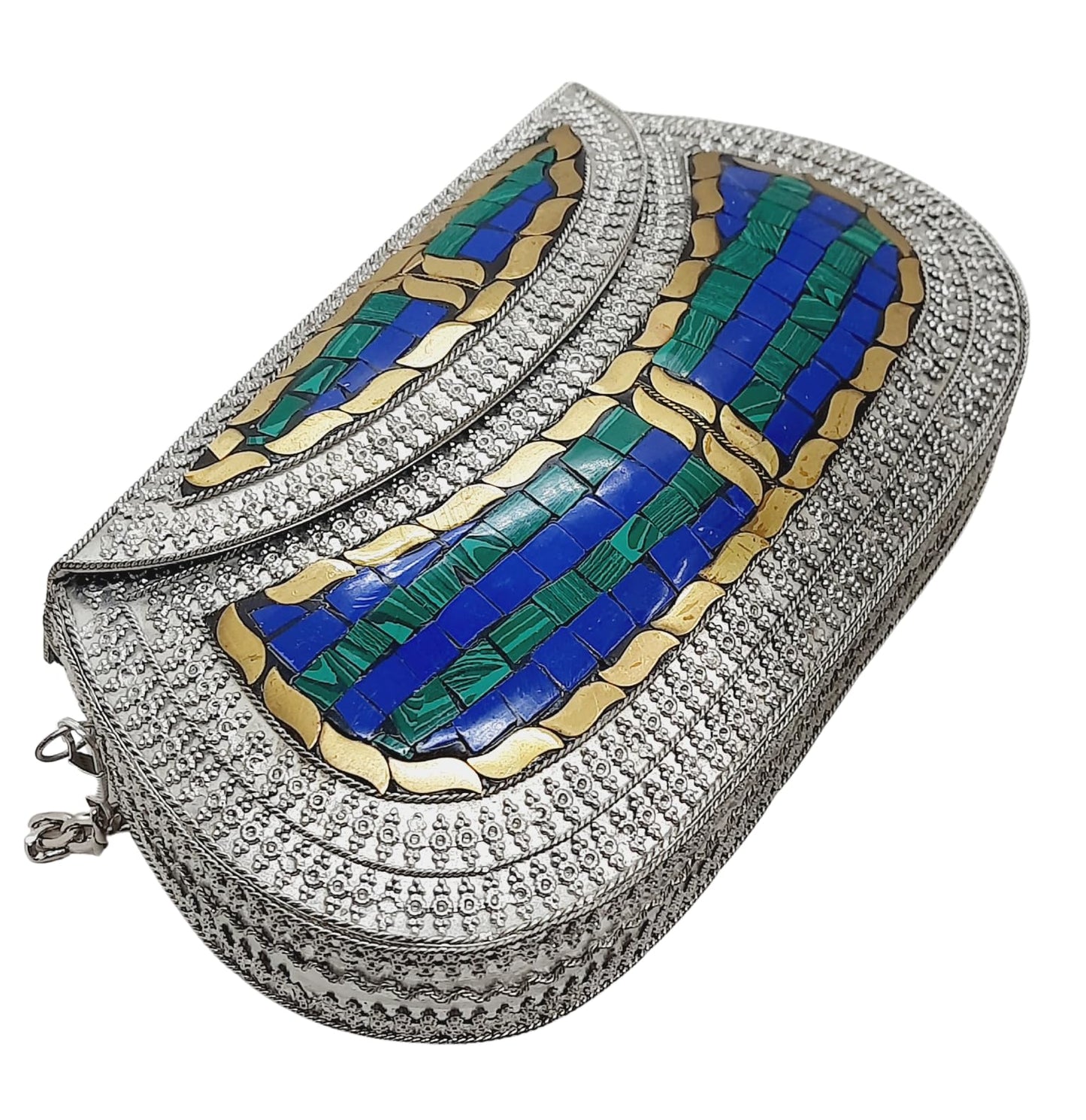 Trend Overseas Handmade Antique Stone Bag Ethnic Clutch - Metal Bag Perfect for Parties, Fits All Cellphone Models