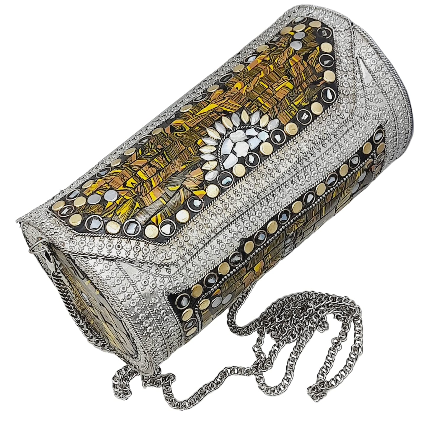 Trend Overseas Eye Catching Handmade Cylinder Round Ethnic Stone Metal bag Antique Bridal clutch