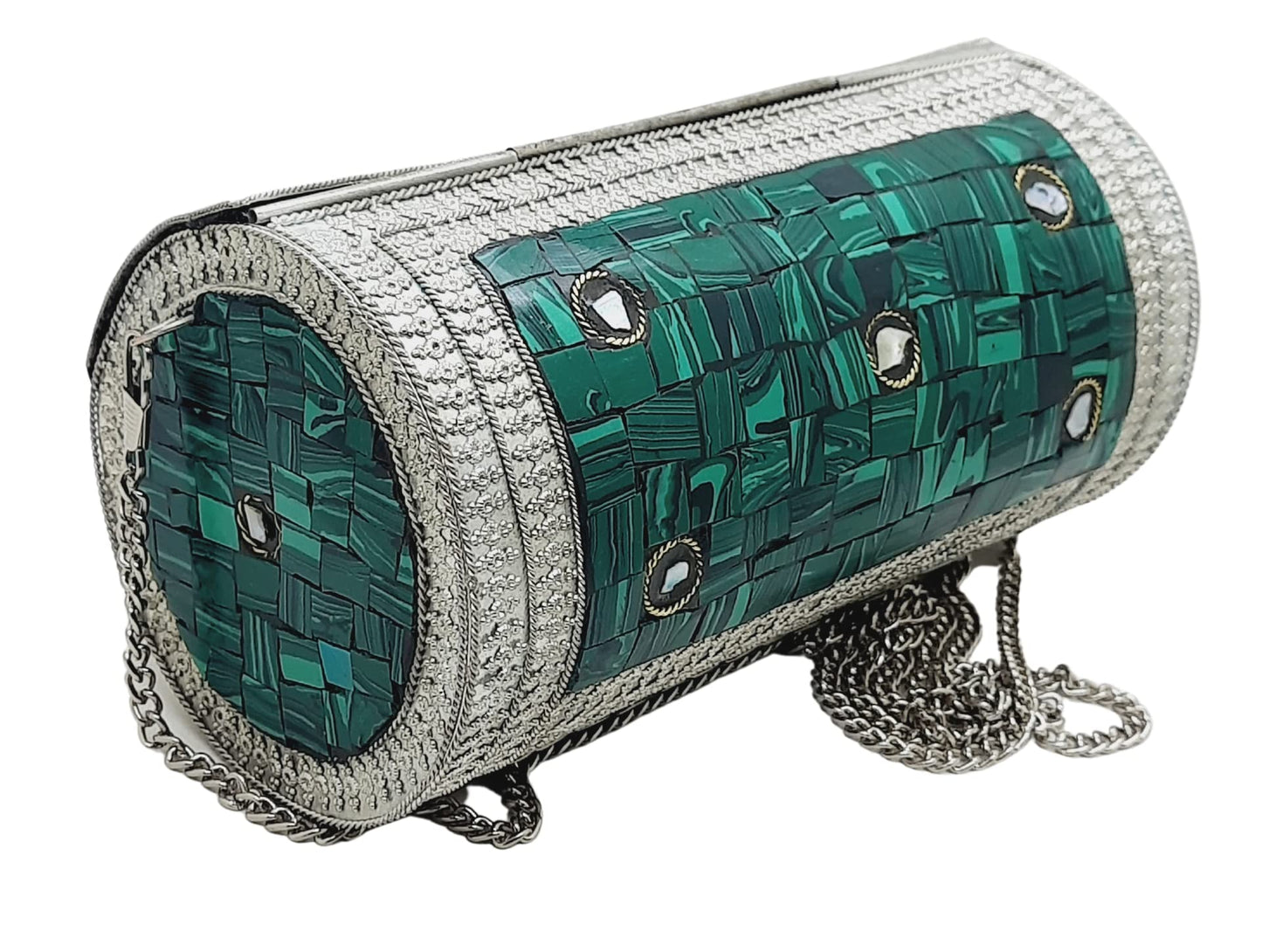Trend Overseas Eye Catching Handmade Cylinder Round Ethnic Stone Metal bag Antique Bridal clutch