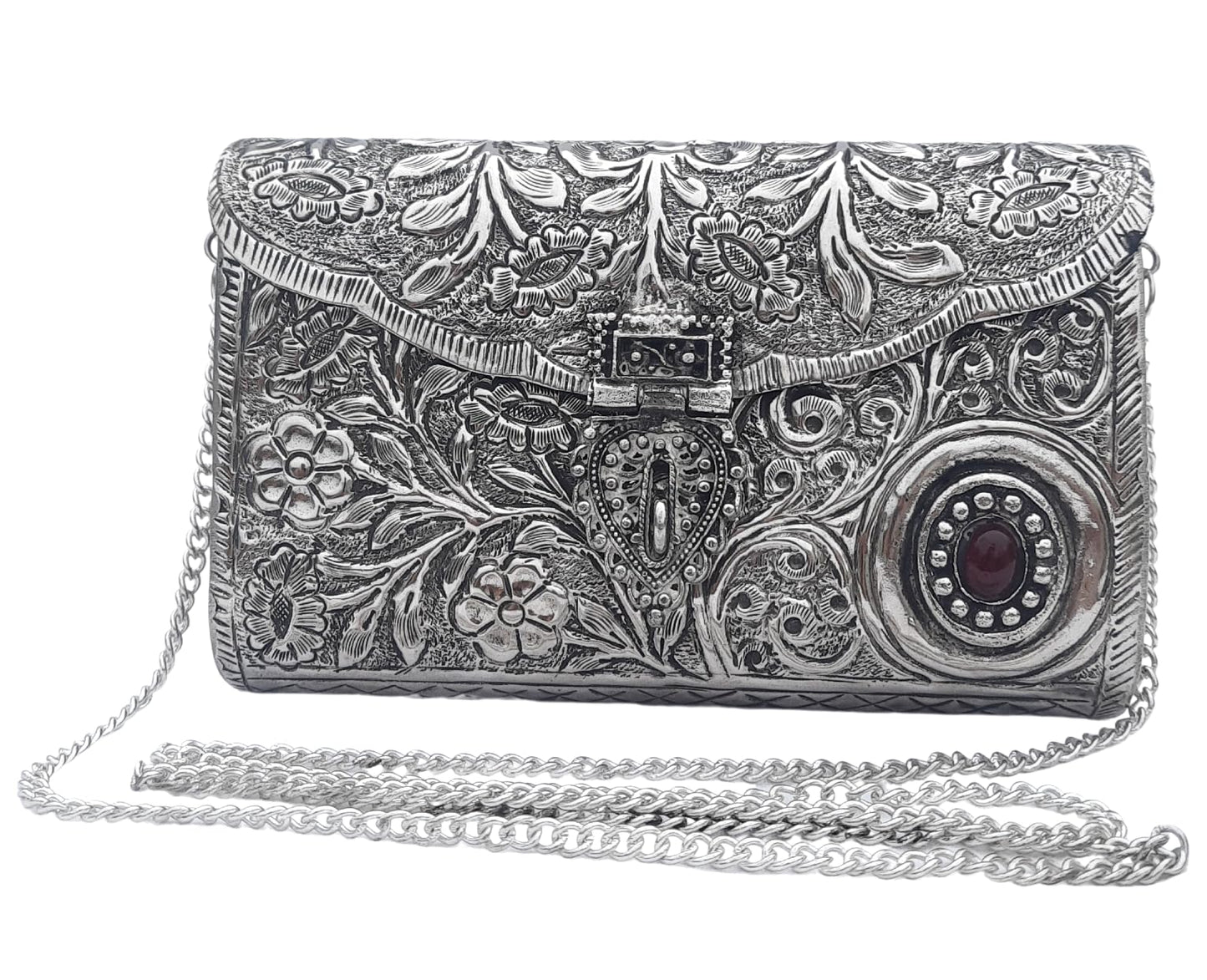 Trend Overseas Ethnic Women Silver Brass Metal Bridal bag Handle Clutch Sling Bag