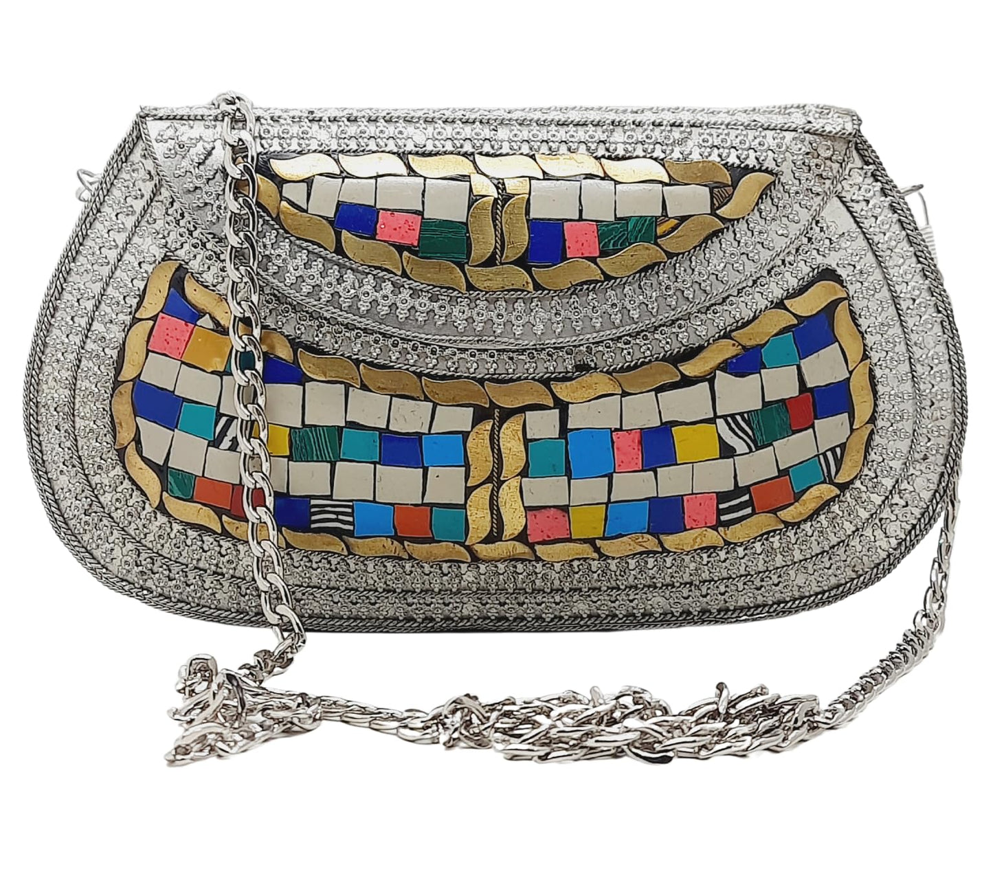Trend Overseas Handmade Antique Stone Bag Ethnic Clutch - Metal Bag Perfect for Parties, Fits All Cellphone Models