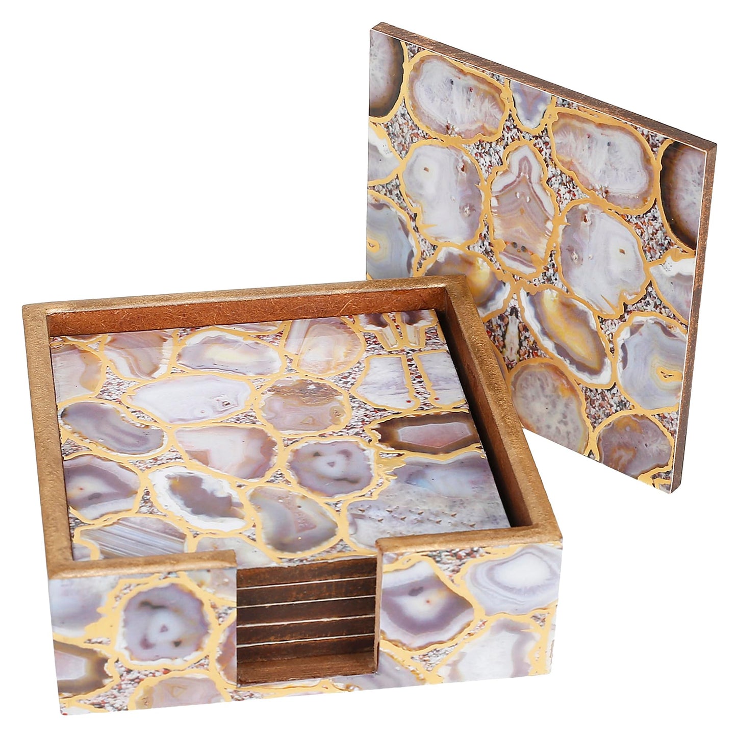 Trend Overseas Drink Coaster Set of 6 - Printed MDF Coasters for Table with Special Enamel Coating and 3D Gold Foil Work for Home and Dining Room Décor