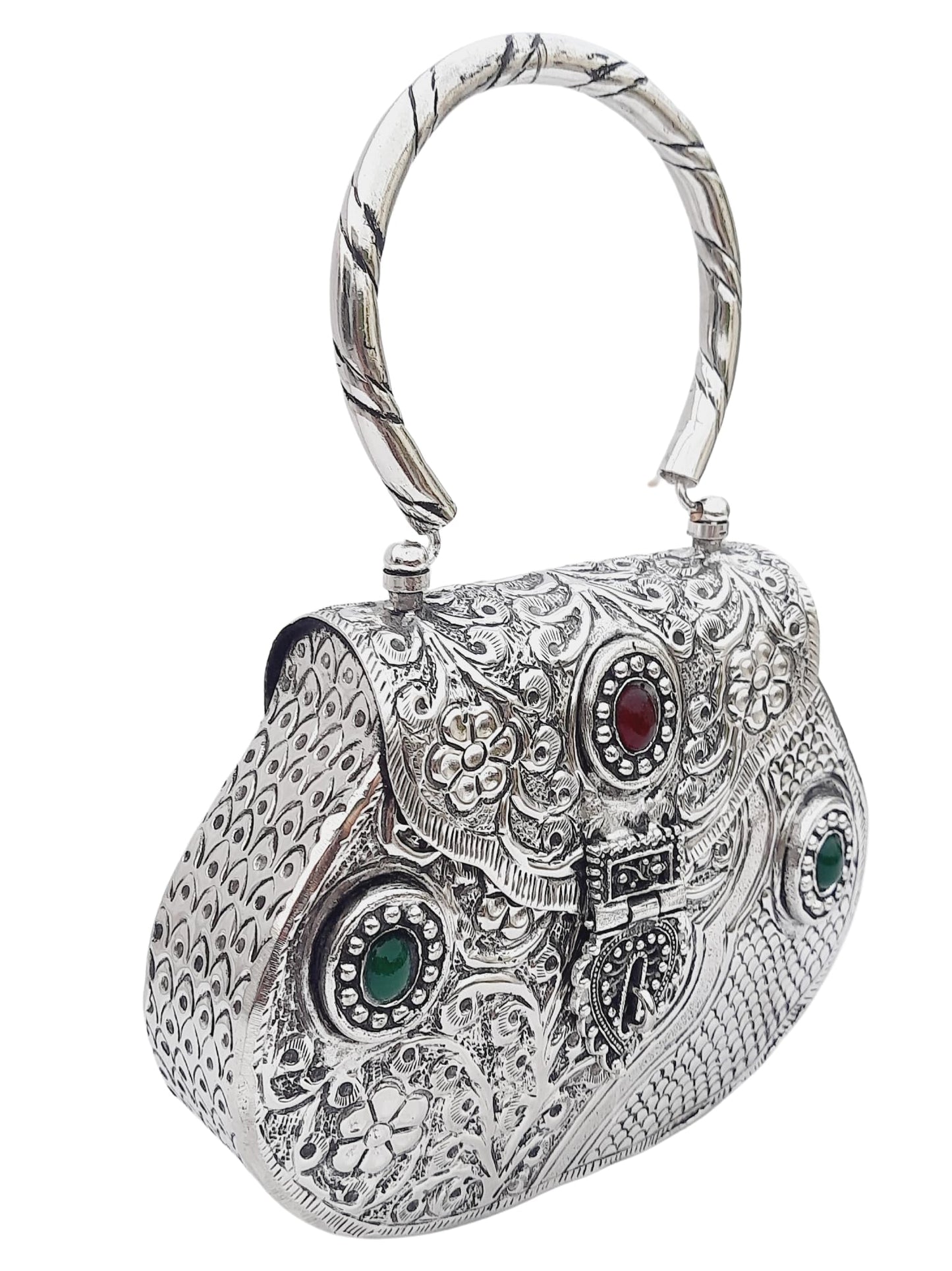 Trend Overseas Ethnic Women Silver Brass Metal Bridal bag Handle Clutch Sling Bag