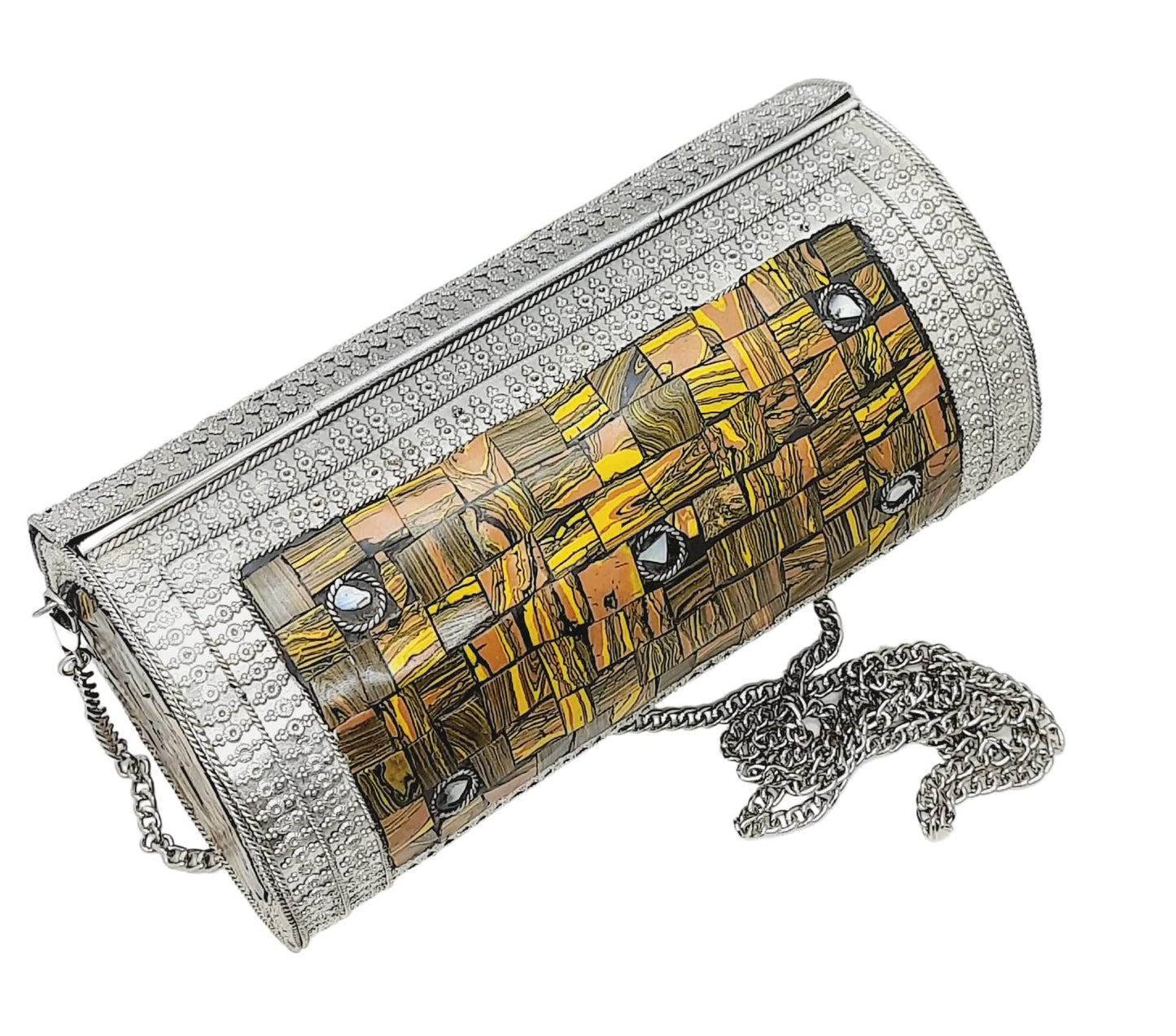 Trend Overseas Eye Catching Handmade Cylinder Round Ethnic Stone Metal bag Antique Bridal clutch