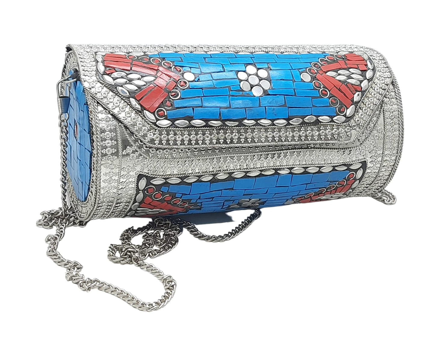 Trend Overseas Eye Catching Handmade Cylinder Round Ethnic Stone Metal bag Antique Bridal clutch