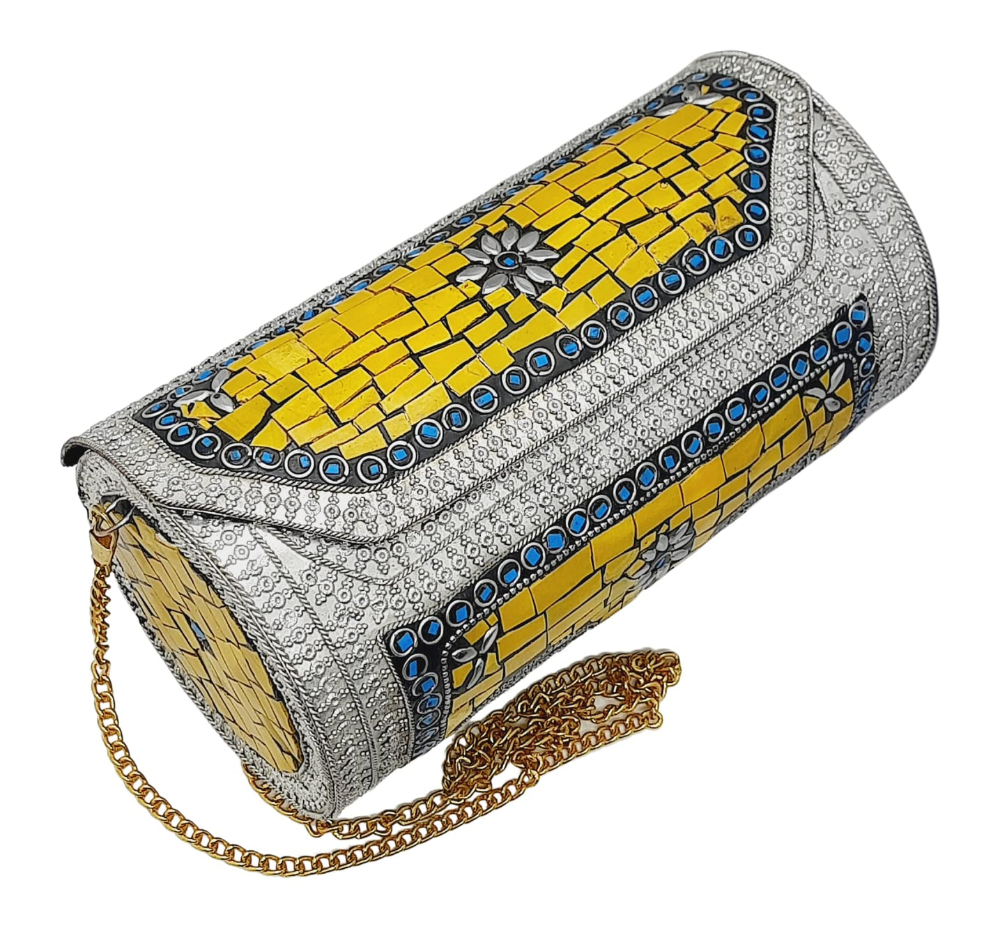 Trend Overseas Eye Catching Handmade Cylinder Round Ethnic Stone Metal bag Antique Bridal clutch