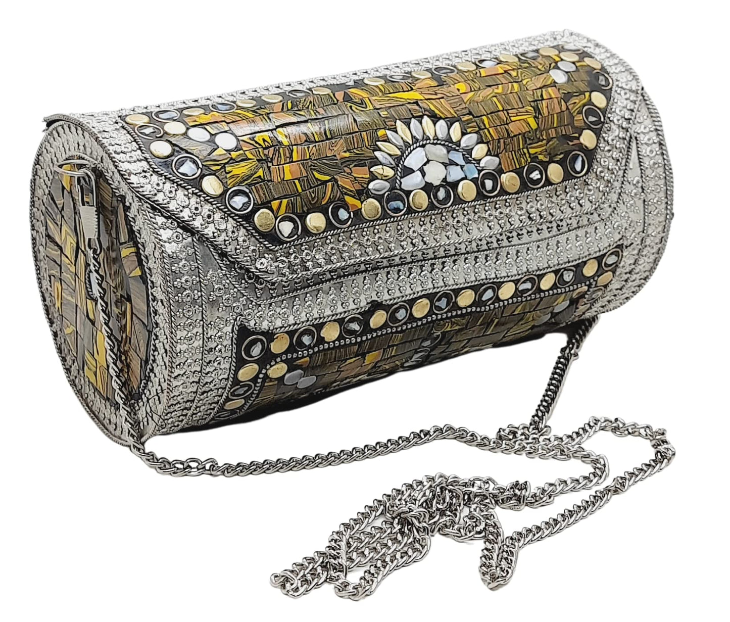 Trend Overseas Eye Catching Handmade Cylinder Round Ethnic Stone Metal bag Antique Bridal clutch