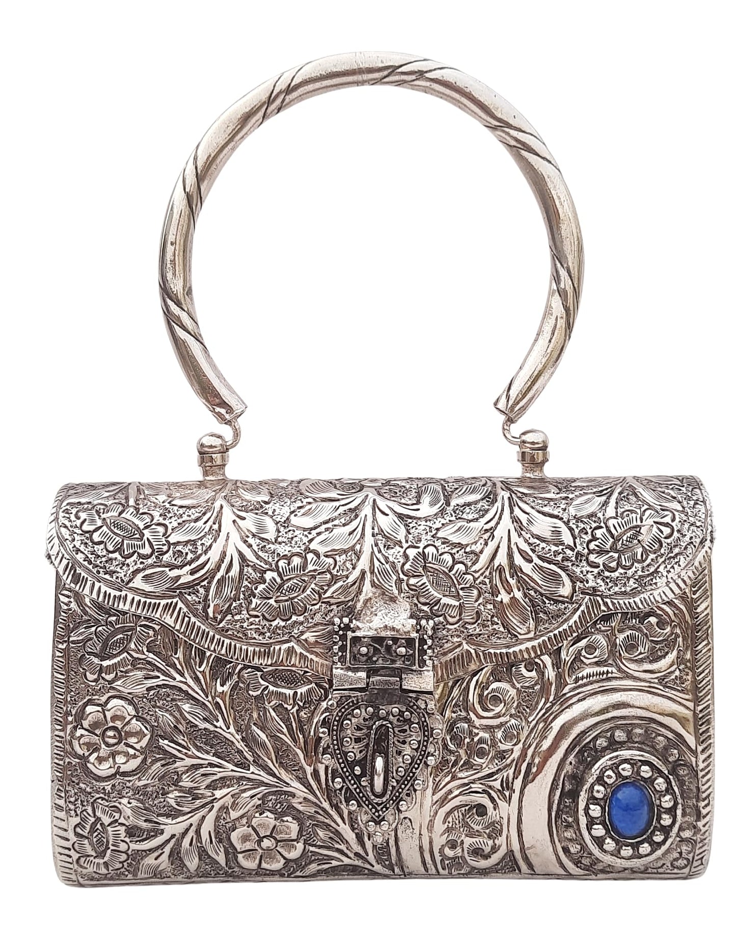 Trend Overseas Ethnic Women Silver Brass Metal Bridal bag Handle Clutch Sling Bag