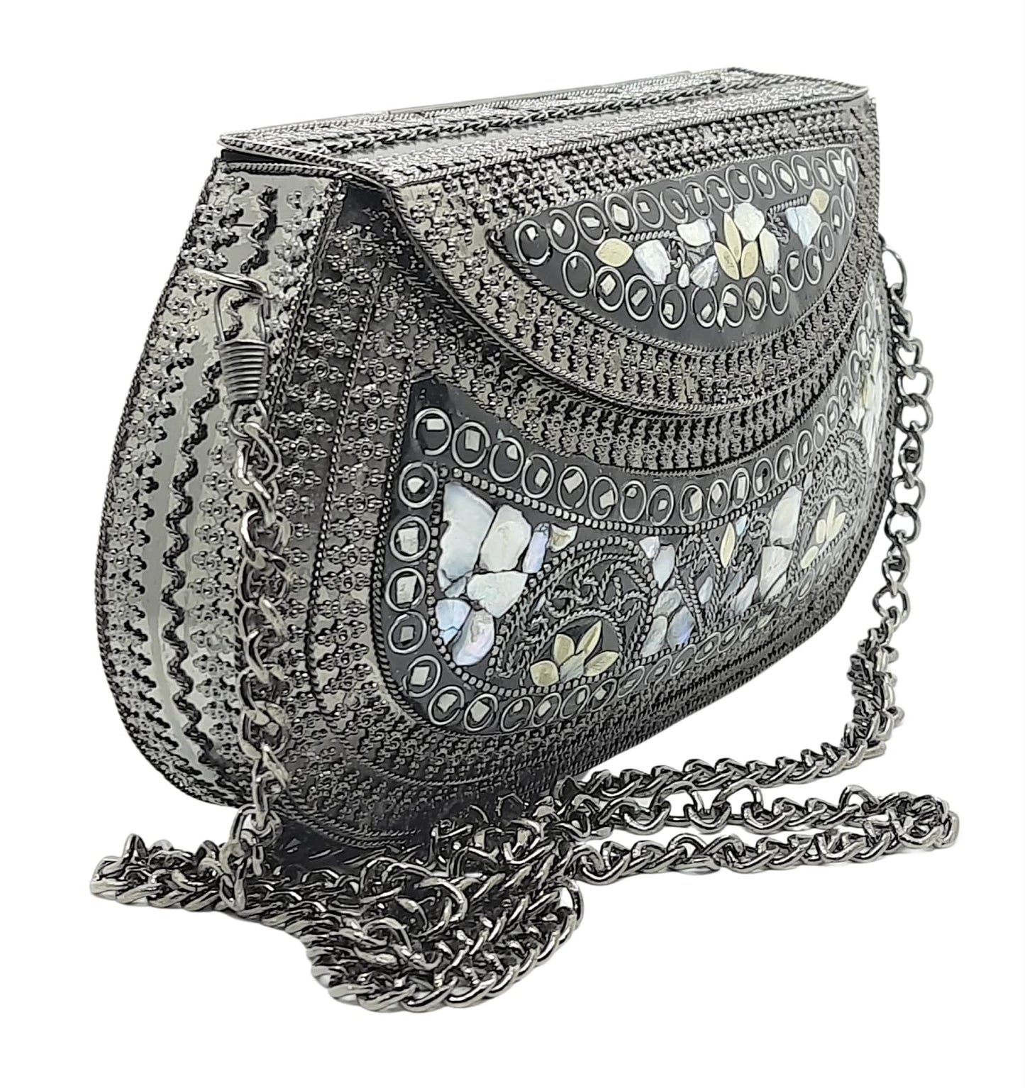 Trend Overseas Handmade Antique Stone Bag Ethnic Clutch - Metal Bag Perfect for Parties, Fits All Cellphone Models