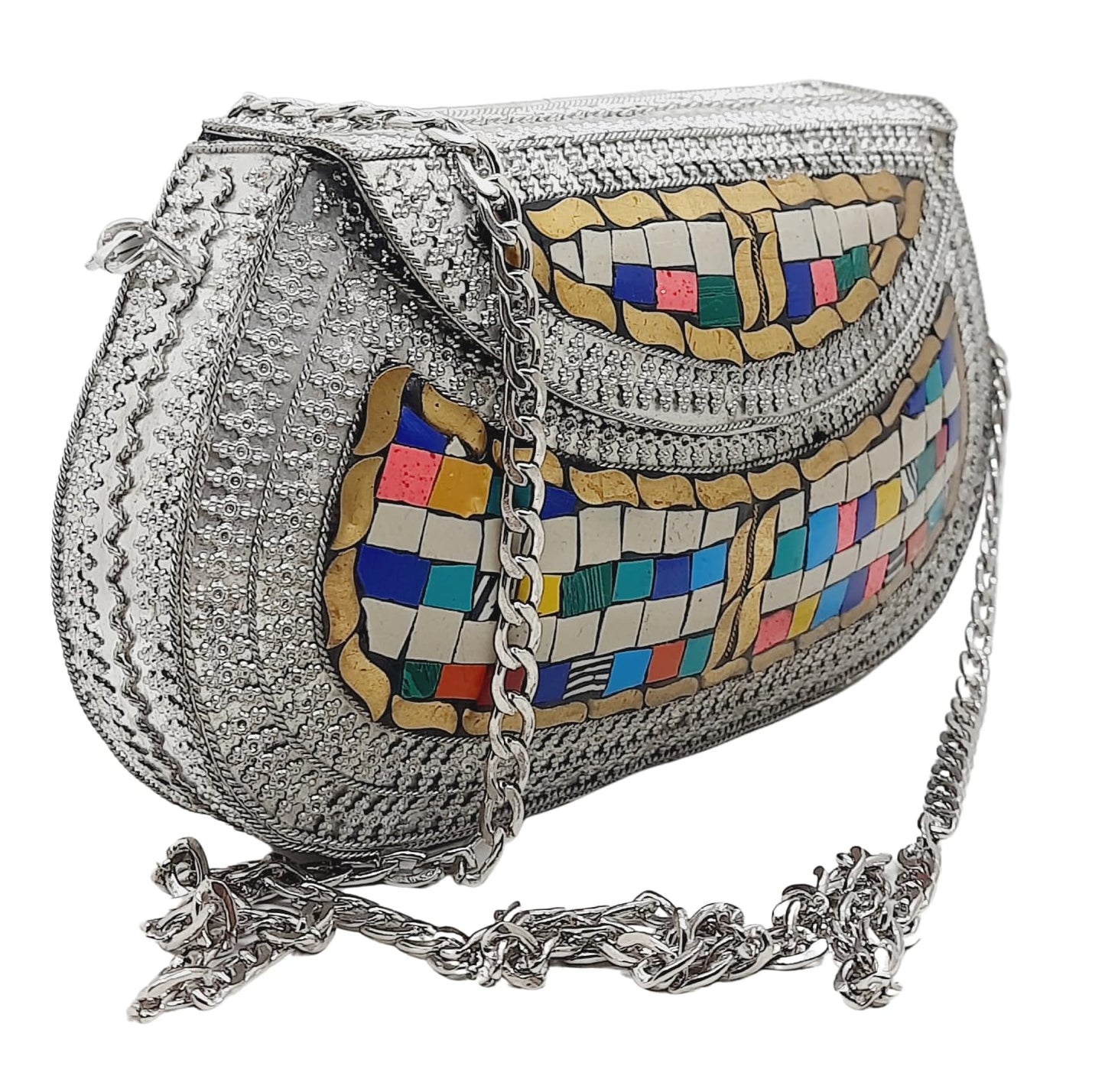 Trend Overseas Handmade Antique Stone Bag Ethnic Clutch - Metal Bag Perfect for Parties, Fits All Cellphone Models