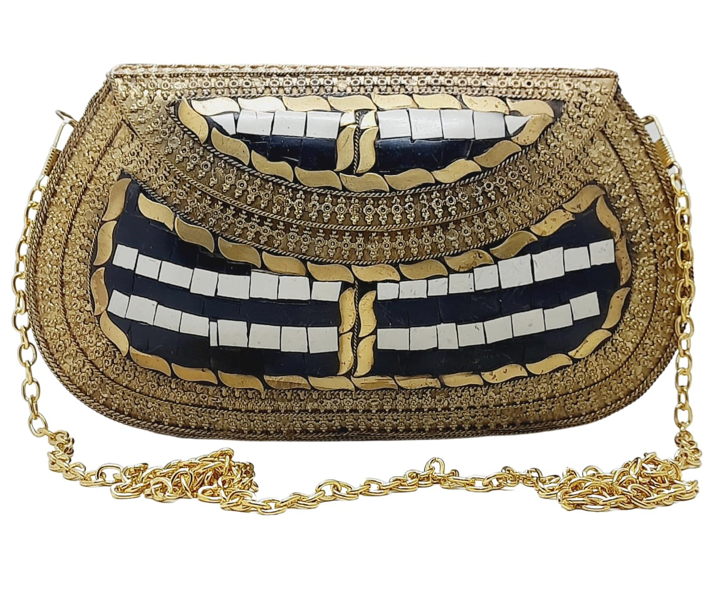 Trend Overseas Handmade Antique Stone Bag Ethnic Clutch - Metal Bag Perfect for Parties, Fits All Cellphone Models