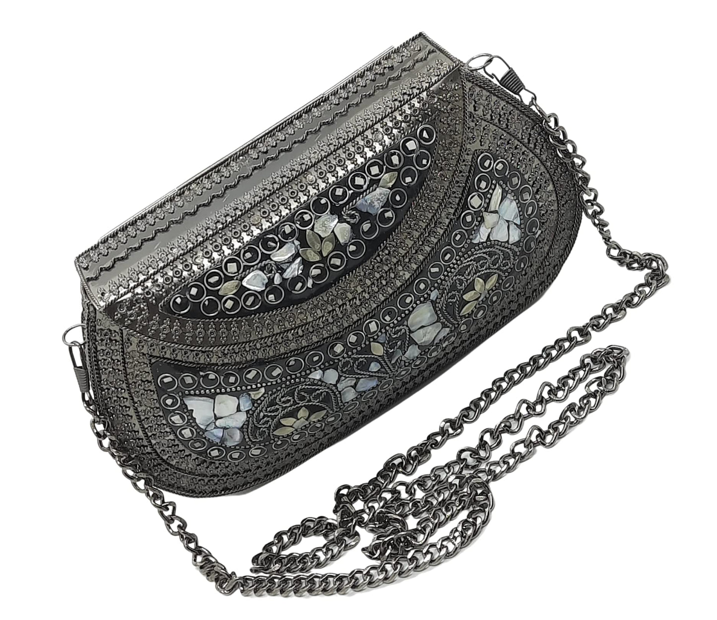 Trend Overseas Handmade Antique Stone Bag Ethnic Clutch - Metal Bag Perfect for Parties, Fits All Cellphone Models