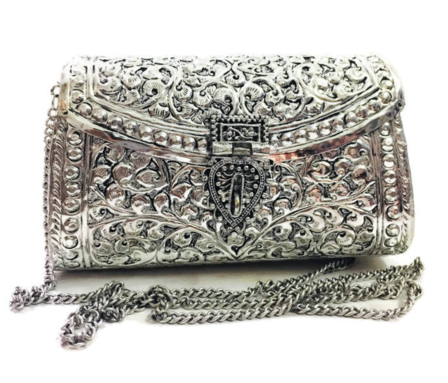 Trend Overseas women gift bridal bag Silver Brass Metal Clutch Sling Bag Indian Ethnic Antique clutch