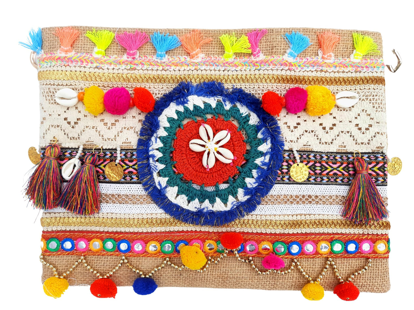 Trend Overseas Multicolor Jute Embroidery pom pom Bridal Bag cross body party sling bag