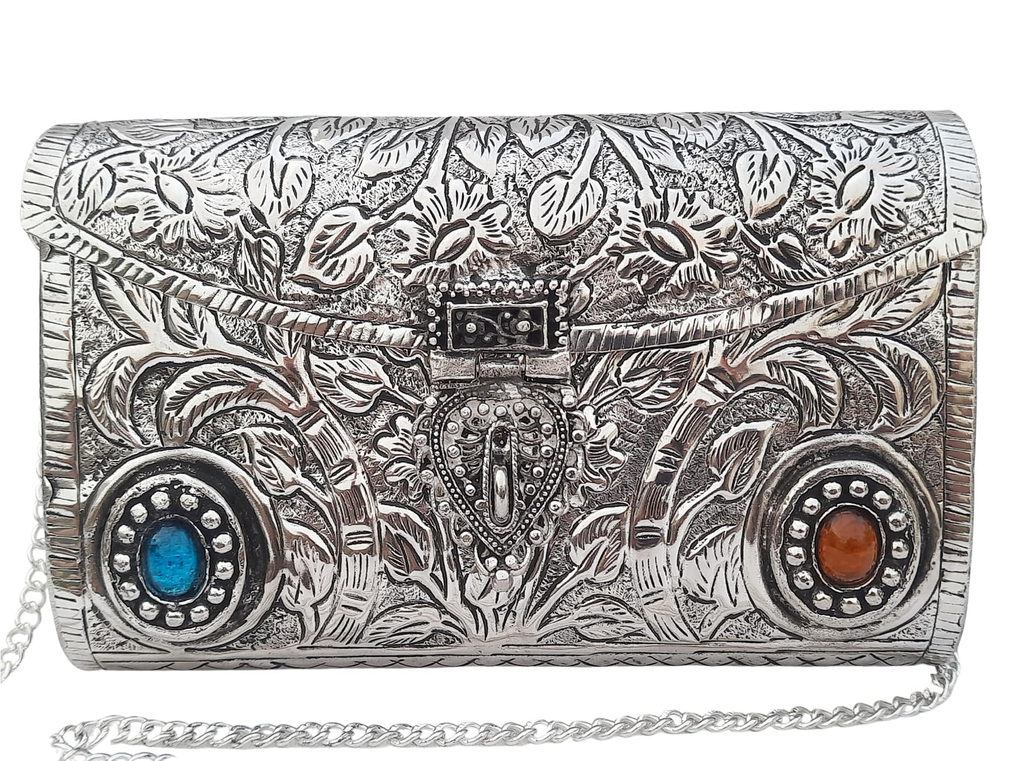 Trend Overseas Ethnic Women Silver Brass Metal Bridal bag Handle Clutch Sling Bag