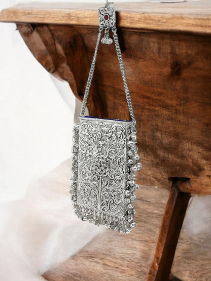 Trend Overseas Silver Metal bag Mobile Cellphone Holder Phone Pouch Cover and Sari Hook for Women Saree Clutch