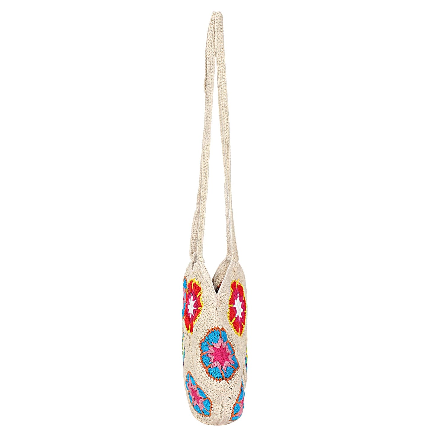 Trend Overseas Women Handmade Crochet Ivory Multicolour Flower Straw Bag Travel Beach Fishing Net Handbag Shopping Woven Shoulder Bag