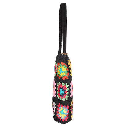 Trend Overseas Handwoven Crochet Multicolour Flower Straw Bag - Travel, Beach, Shopping Woven Shoulder Bag for Women
